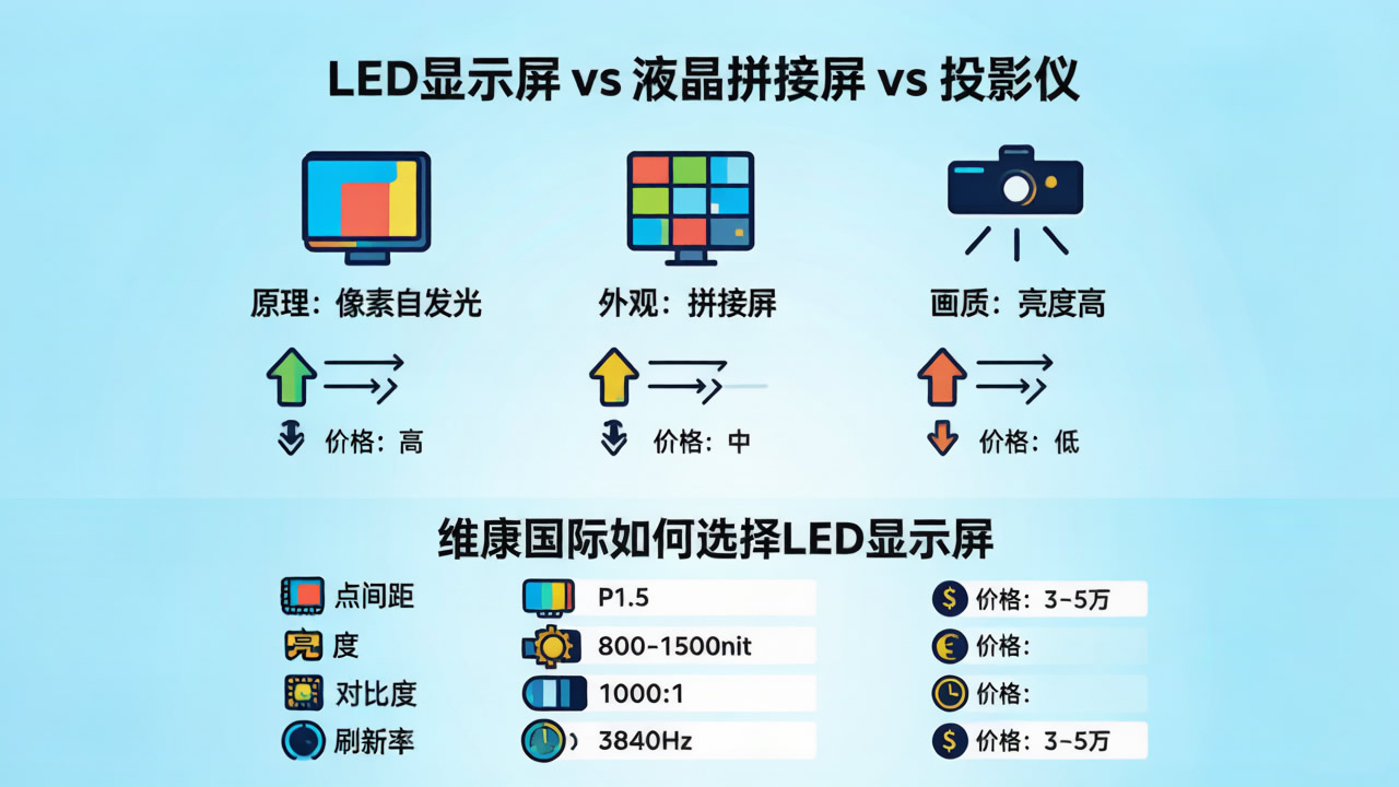 液晶拼接屏、投影儀對(duì)比信息圖-維康科普